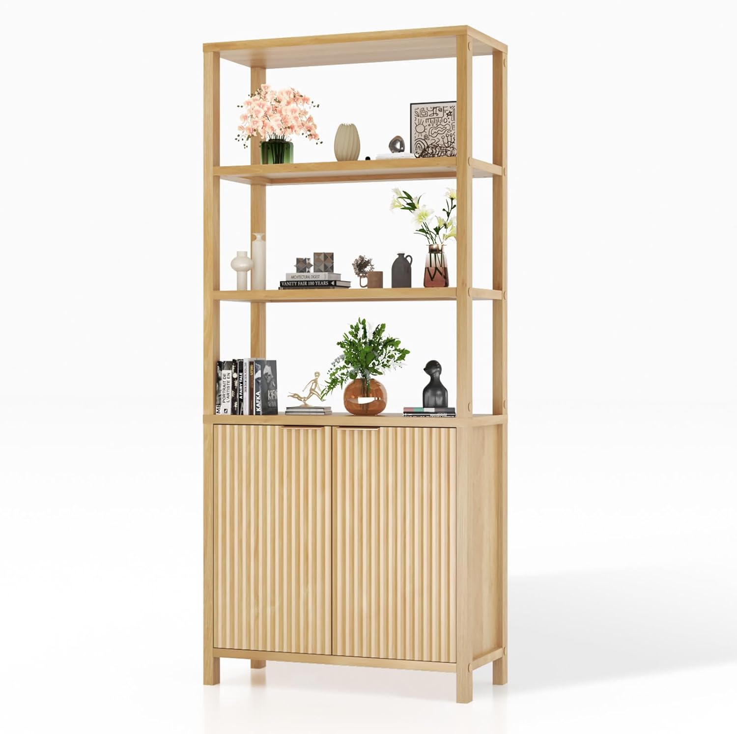 VINGLI Bookcase with Fluted Doors, 71' Wood Storage Cabinet with Adjustable Shelves, 6-Tier Display Cabinet Bookshelf for Study, Living Room, Home Office, Kitchen Pantry, Oak