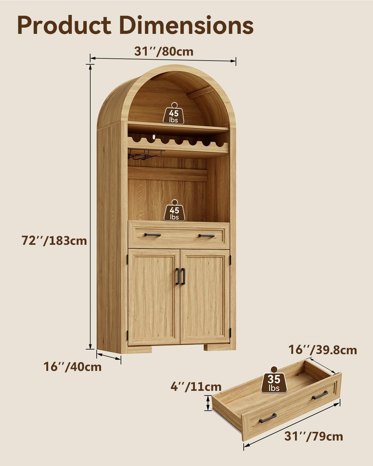 72' Tall Arched Kitchen Pantry, Modern Wood Kitchen Storage Cabinets with Large Drawer, 4 Door Shelves, Adjustable Shelves, and Wine Racks, Versatile Cupboard for Dining Room, Natrual Oak