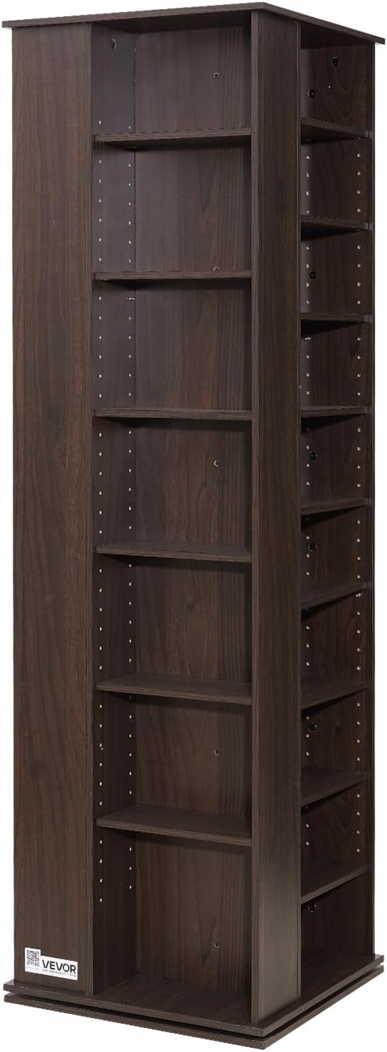 VEVOR Media Storage Cabinet, CD Rack Tower, 34 Compartments Rotating Media Tower Rack for CDs, DVDs, Books and Game Discs, DVD Stand for Living Room, Home Office and Recording Room, Brown