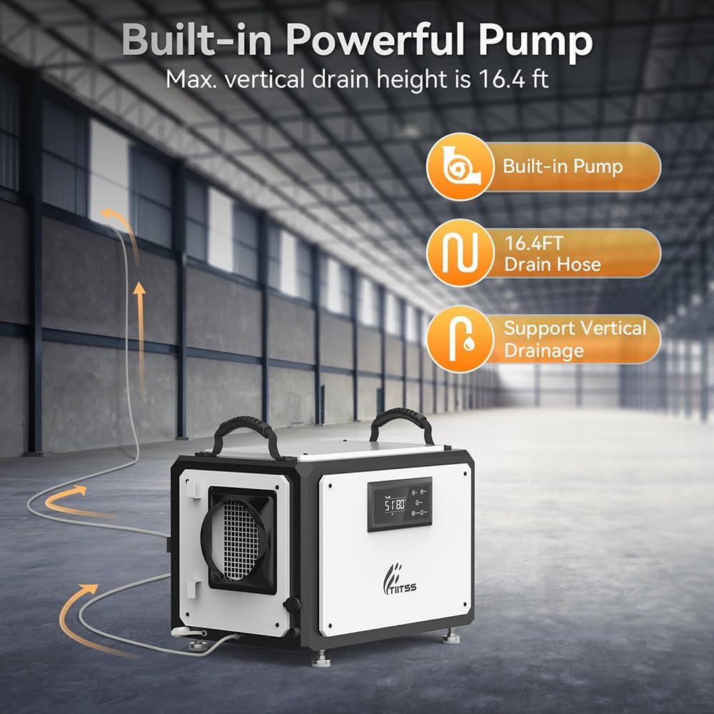 Commercial Dehumidifier 120 Pint with Drain Hose for Crawl Spaces, Industrial, Basements, Garages, Dehumidifier with Pump, Portable, Compact, Large Capacity, Auto Defrost, Memory Restart