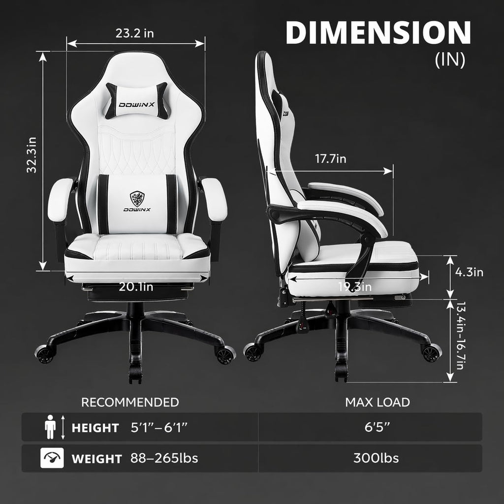 Dowinx Gaming Chair Breathable PU Leather Gamer Chair with Footrest Massage Lumbar Support, Big and Tall Ergonomic Reclining Computer Chair with Pocket Spring Cushion for Adults Teens (Black&White)