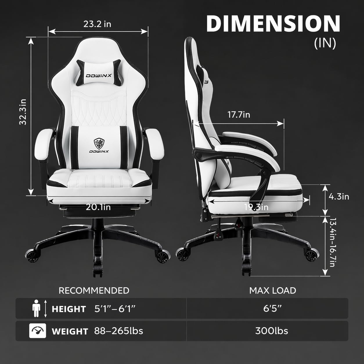 Dowinx Gaming Chair Breathable PU Leather Gamer Chair with Footrest Massage Lumbar Support, Big and Tall Ergonomic Reclining Computer Chair with Pocket Spring Cushion for Adults Teens (Black&White)