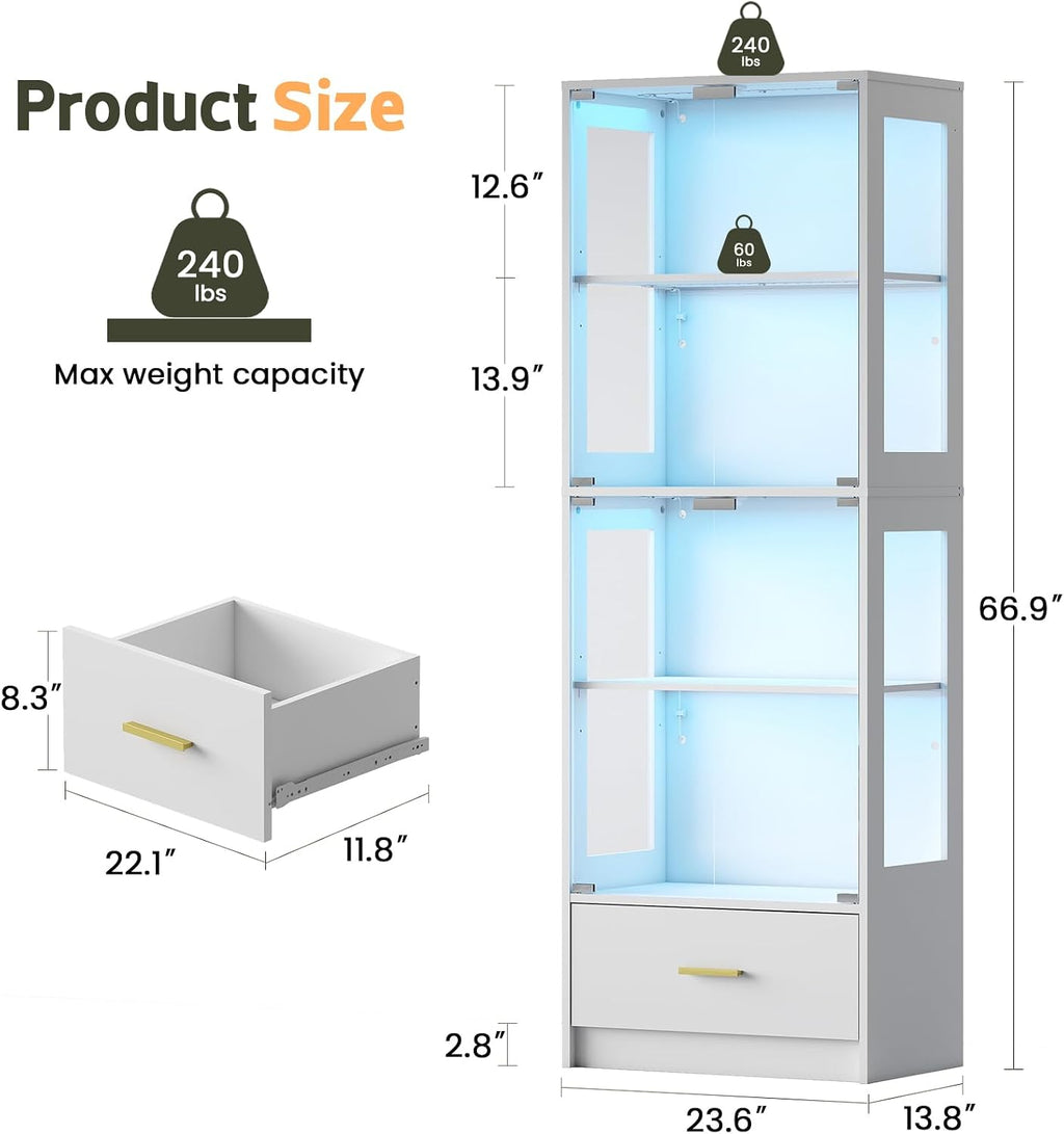 Lamtor Display Cabinet with Glass Doors - 67' Curio Cabinet with RGB LED Lights and Drawer for Collectibles, 4 Tier Glass Display Case for Living Room, Office, White (Narrow)
