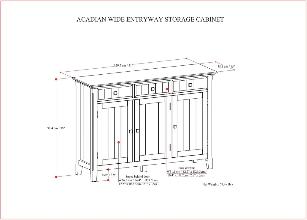 SIMPLIHOME Acadian Storage Cabinet - 51 inch Wide Solid Wood Entryway Storage Cabinet in Brunette Brown, Transitional Cabinet for Hallway or Living Room with 3 Drawers and Adjustable Shelves