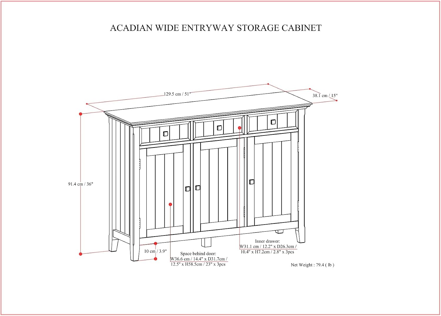 SIMPLIHOME Acadian Storage Cabinet - 51 inch Wide Solid Wood Entryway Storage Cabinet in Brunette Brown, Transitional Cabinet for Hallway or Living Room with 3 Drawers and Adjustable Shelves