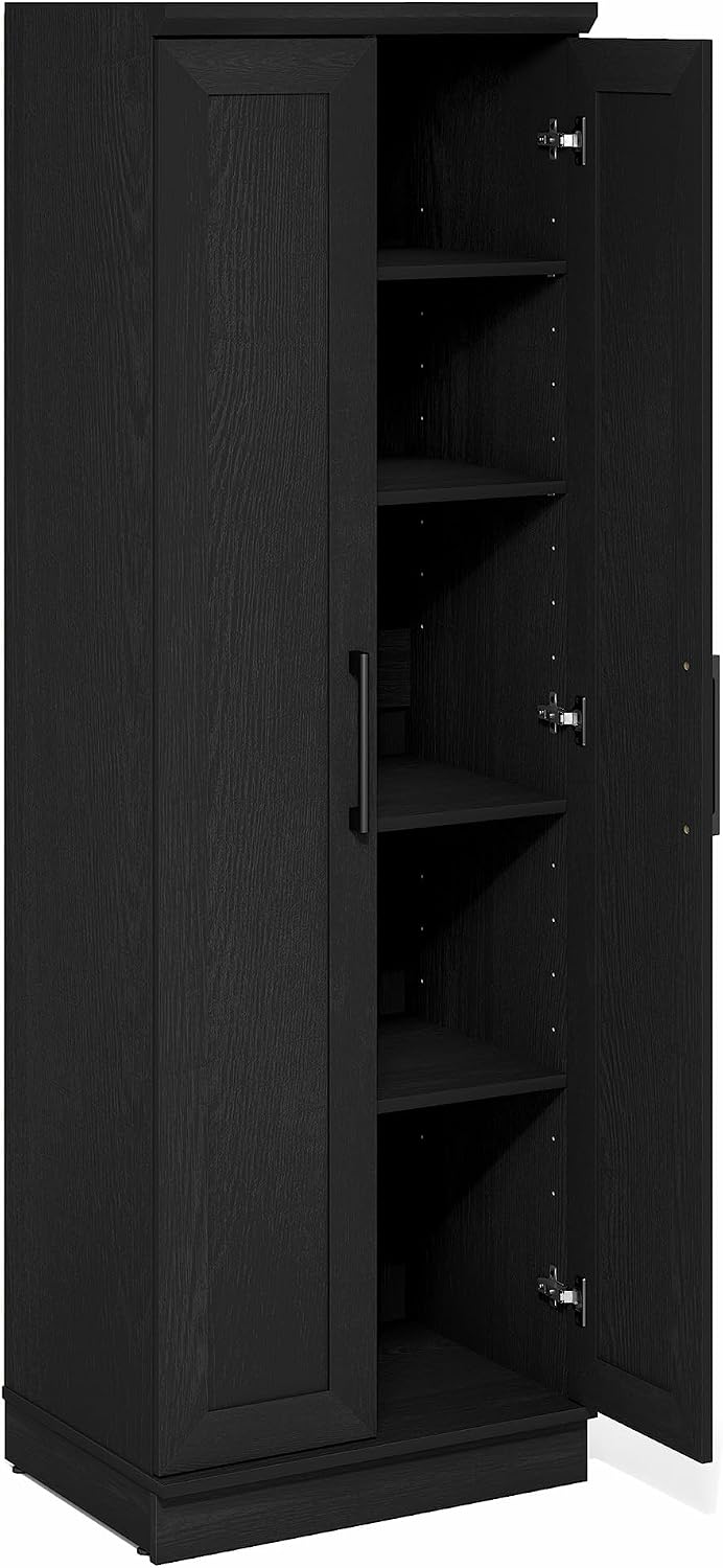 Furinno Robin Storage Cabinet, 5-Tier Pantry Cabinet with Adjustable Shelves, 23W with 2 Shaker-Doors, Kitchen Cabinet, Organization and Storage, for Pantry, Living Room, Home Office, Black Woodgrain