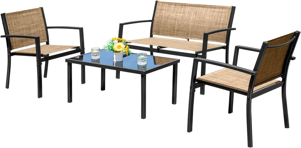 Devoko 4 Pieces Patio Furniture Set Outdoor Garden Patio Conversation Sets Poolside Lawn Chairs with Glass Coffee Table Porch Furniture (Yellow)