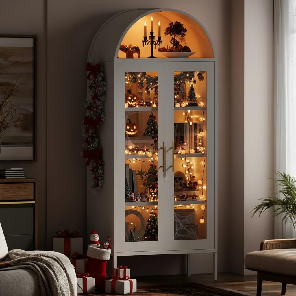 YITAHOME 71' Arched Glass Display Cabinet, Tall Metal Storage Cabinet with Adjustable Shelves and Glass Doors, White