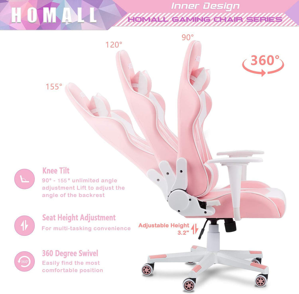 Homall Gaming Chair, Office Chair High Back Computer Chair Leather Desk Chair Racing Executive Ergonomic Adjustable Swivel Task Chair with Headrest and Lumbar Support(Pink)