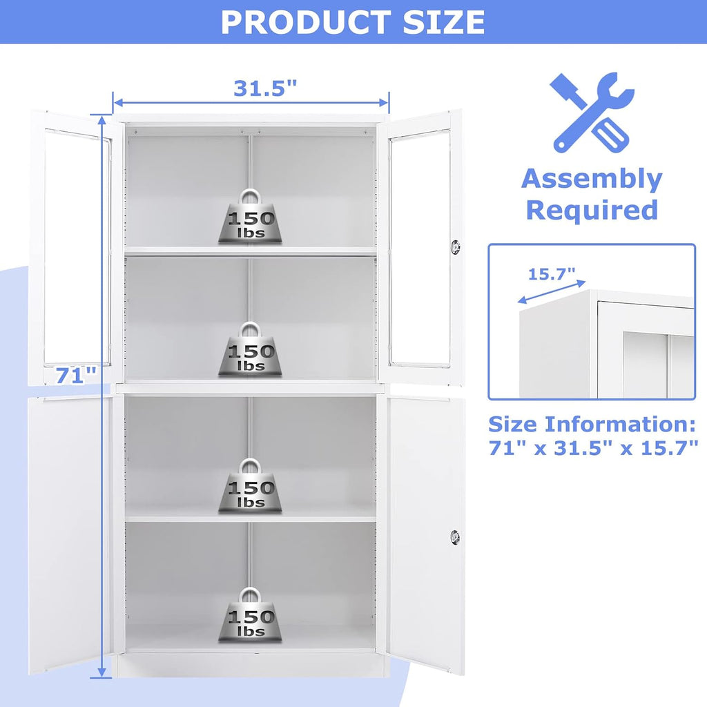 4 Door Display Cabinet with Adjustable Shelves, 71' Tall Display Cabinets with Glass Door, White Metal Display case, Locking Steel Storage Caninet for Home/Office/Living Room -Assembly Required