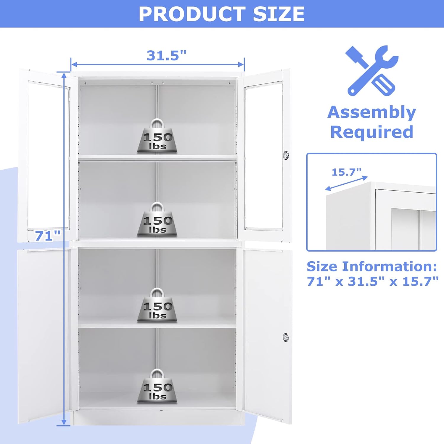 4 Door Display Cabinet with Adjustable Shelves, 71' Tall Display Cabinets with Glass Door, White Metal Display case, Locking Steel Storage Caninet for Home/Office/Living Room -Assembly Required