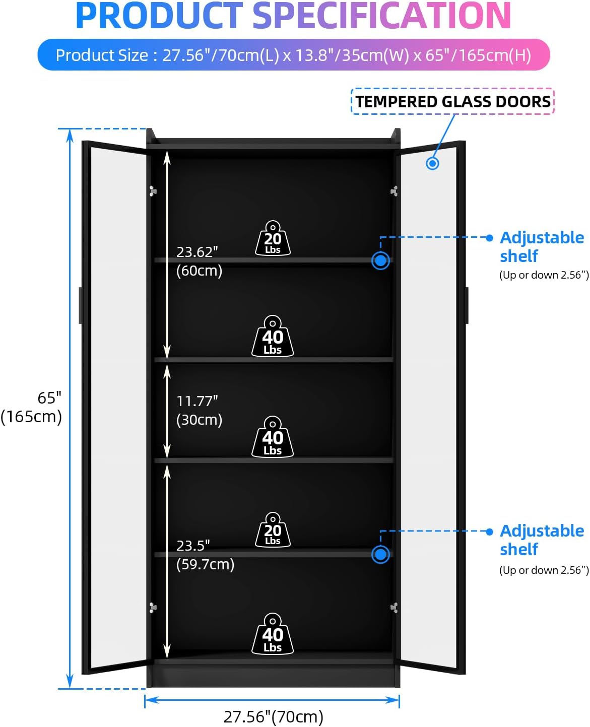 FREDEES Display Cabinet with Glass Doors, 5-Tier Curio Cabinet with Motion Sensor RGB Lights, 65' Tall Glass Display Case with Adjustable Shelves for Collectibles, Figures, Books, Black