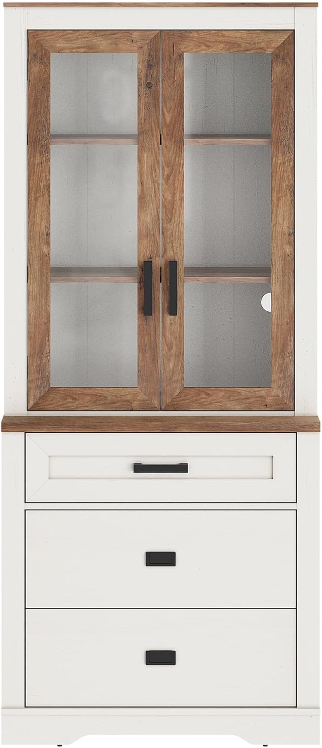 WAMPAT 73.3' Tall Bookcase with Glass Door, 31.5' Wide Rustic Wood Bookshelves with Chest of Drawers, Modern Farmhouse Display Storage Cabinet with Adjustable Shelves for Home,Office,White&Oak