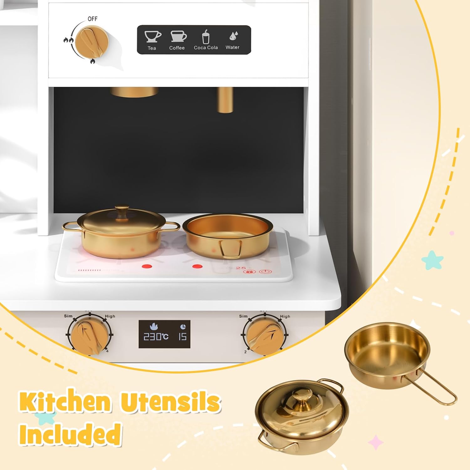INFANS Play Kitchen for Kids, 2-Piece Fridge Refrigerator Playset Combination with Electronic Interactive Alphabet Wall Chart Coffee Machine Stove Microwave, Toddler Wooden Pretend Cooking Set Gift