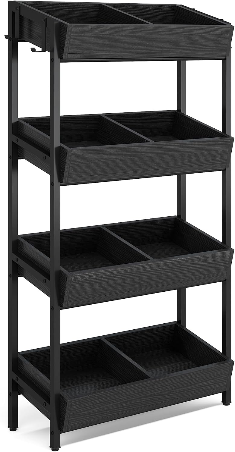 Tribesigns 4-Tier Retail Display Rack, Wooden Snack Candy Stand, Concession Potato Chip Display Rack, Storage Shelf Organizer with Heavy-Duty Metal Frame, Easy Assembly(1, Black)