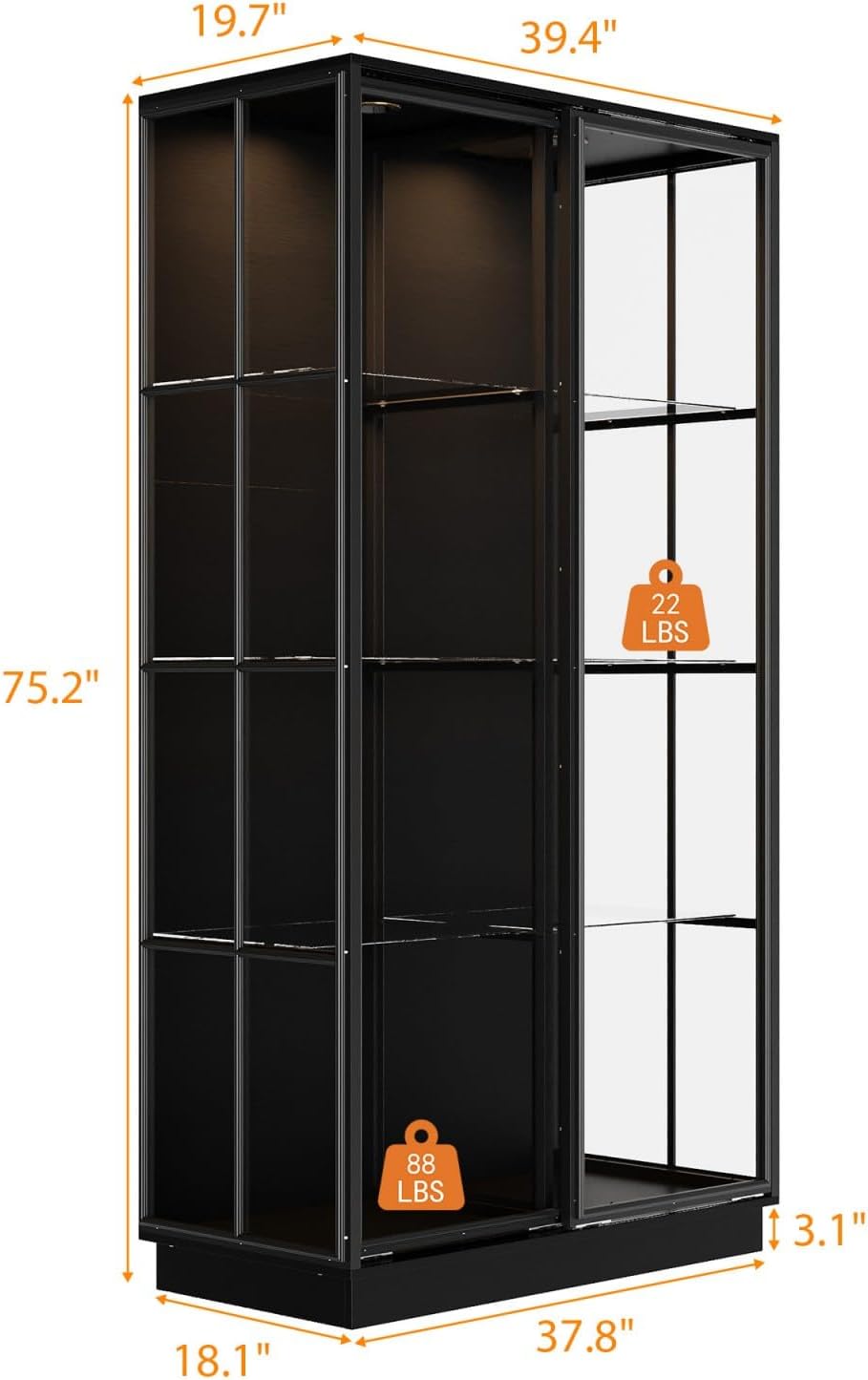 Tall Glass Display Cabinet with Glass Shelving & Sliding Doors, Trophy Case Glass Cabinet with Spotlights Black 39.4'W x 19.7'D x 75.2'H