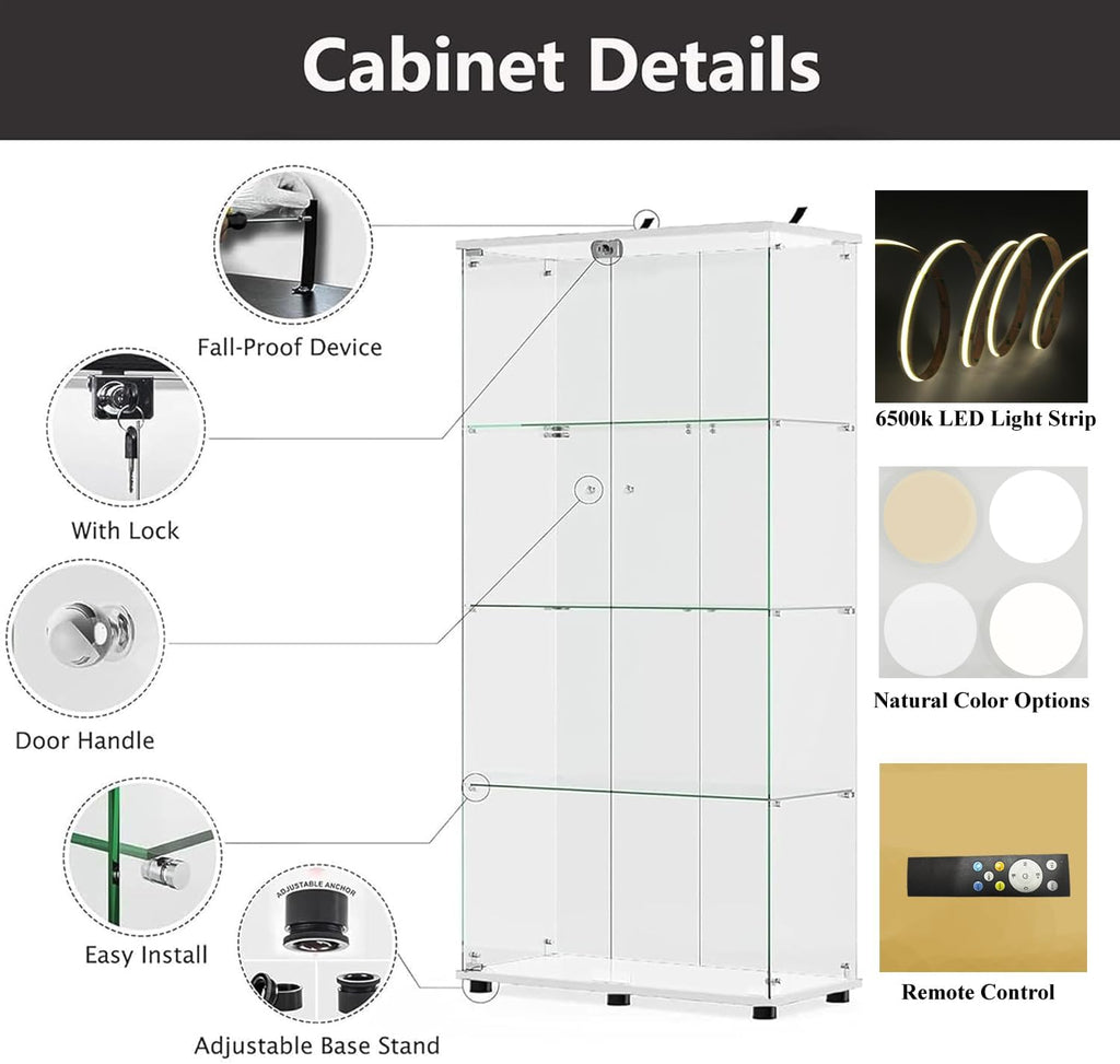Modern 4-Tier Glass Display Shelf with 2 Doors, Curio Cabinet Collection - Floor Standing Display Case for Living Room, Bedroom, Home Office - 30' W x 14.5' D x 64' H (White with LED Light Strip)