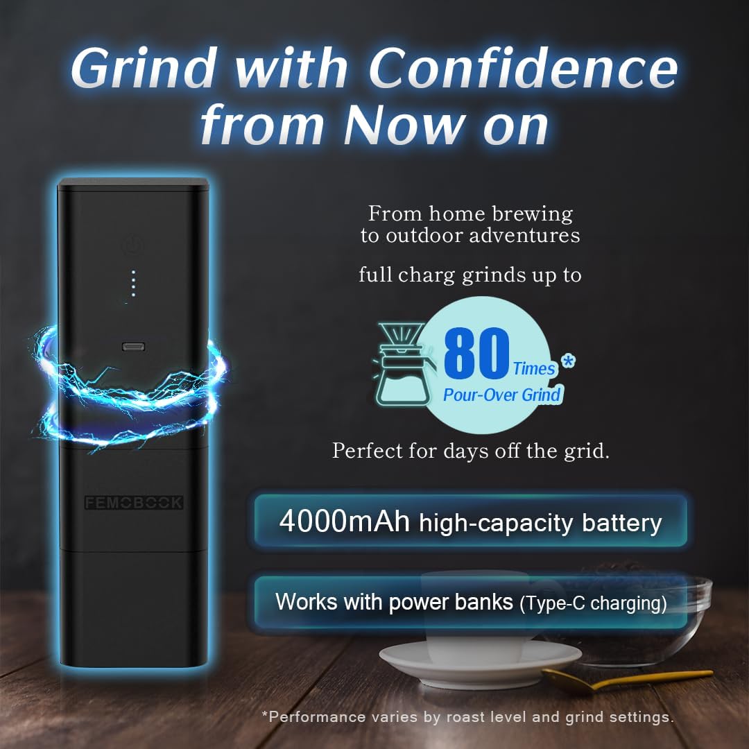 Femobook-A2 Portable Electric Coffee Grinder, Cordless Burr Grinder USB Rechargeable Coffee Grinder Magnetic Grounds Cup Travel & Home Brewing, Black