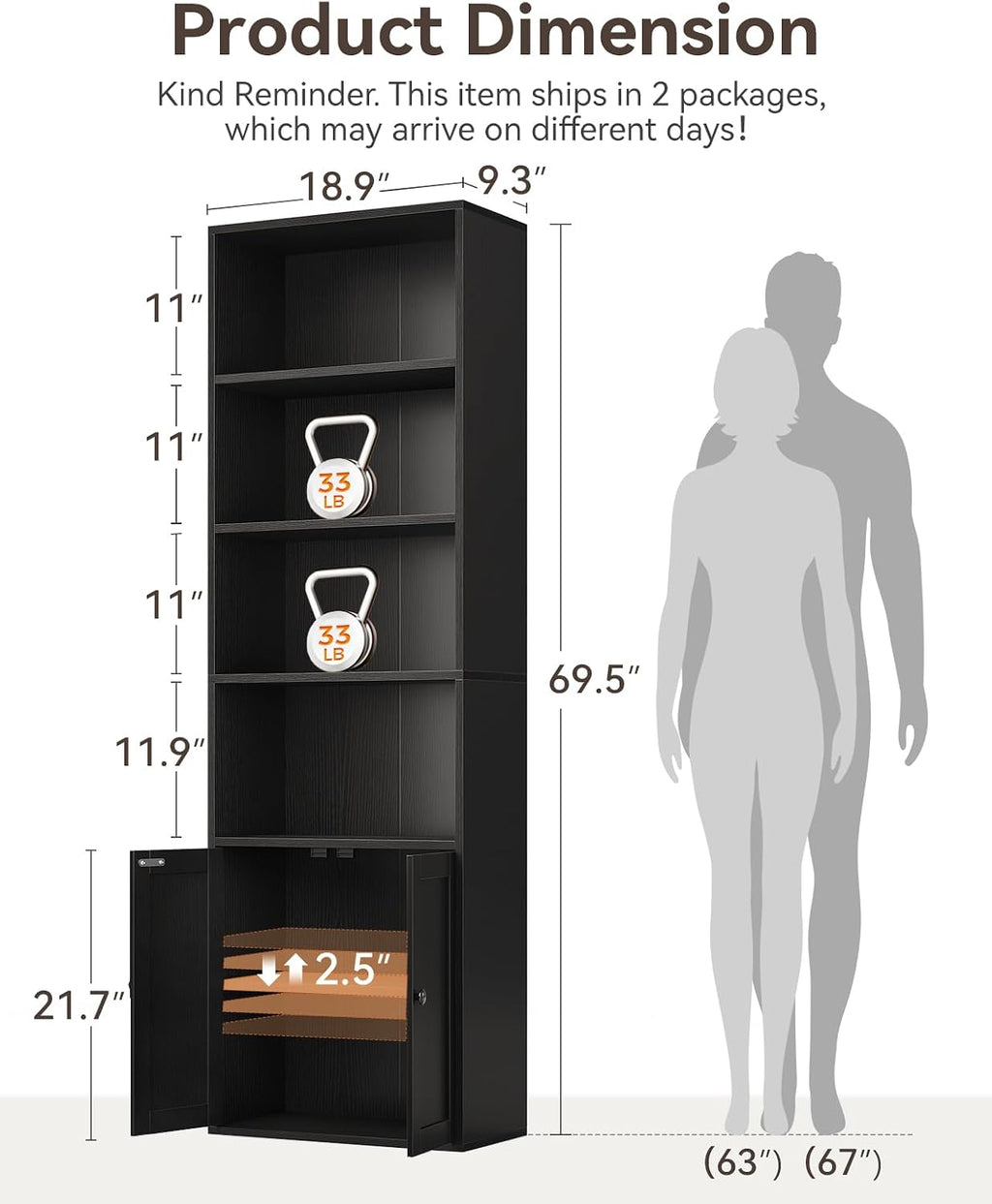 Casaottima Bookshelf and Bookcase with Doors, Floor Standing 6-Tier Shelf Display Storage Shelves, Tall Bookcases for Home Office, Living Room, Black 2 Pack