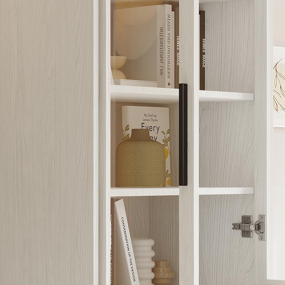TUSY 70.9' H Bookshelf with Glass Doors, 5-Tier Display Curio Cabinet with Drawers, Narrow Display Bookcase for Home, Office, Clinic, Pantry (White, A)