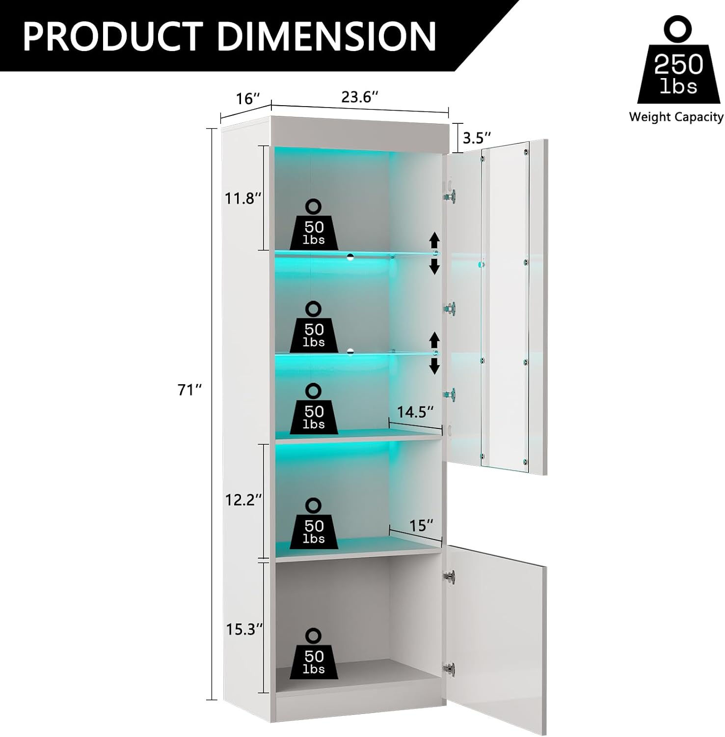 AMERLIFE 2 Piece 71in Tall Bookcase Storage Cabinet with Glass Doors, Modern High Gloss LED Bookshelf Display with 5 Tiers for Storage & Adjustable Glass Shelves for Living Room, Office, White
