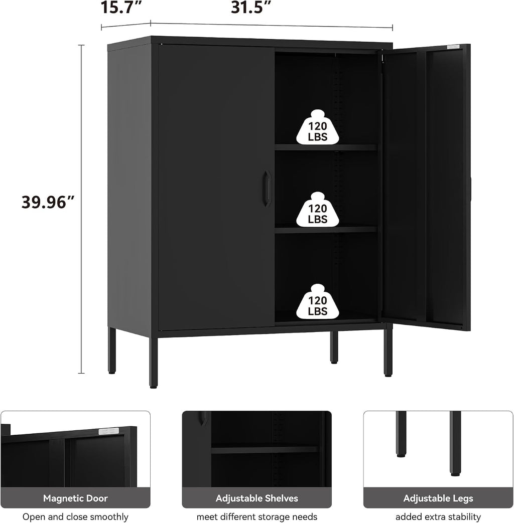 YAUWOH Metal Locker Storage Cabinet with 2 Doors and 4 Shelves，39.96' Tall Steel Office Cabinet,Bathroom Floor Locker，for Office,Home,Garage,Gym,School (Black)