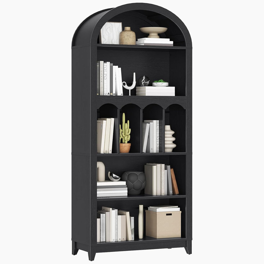 HOOBRO Arched Bookshelf, 70.9' Tall Arch Bookcase with Storage, 5-Tier Farmhouse Book Shelf, Modern Arched Cabinet, Wooden Bookshelf with Open Display Shelves for Living Room, Office, Black BK53SJ01