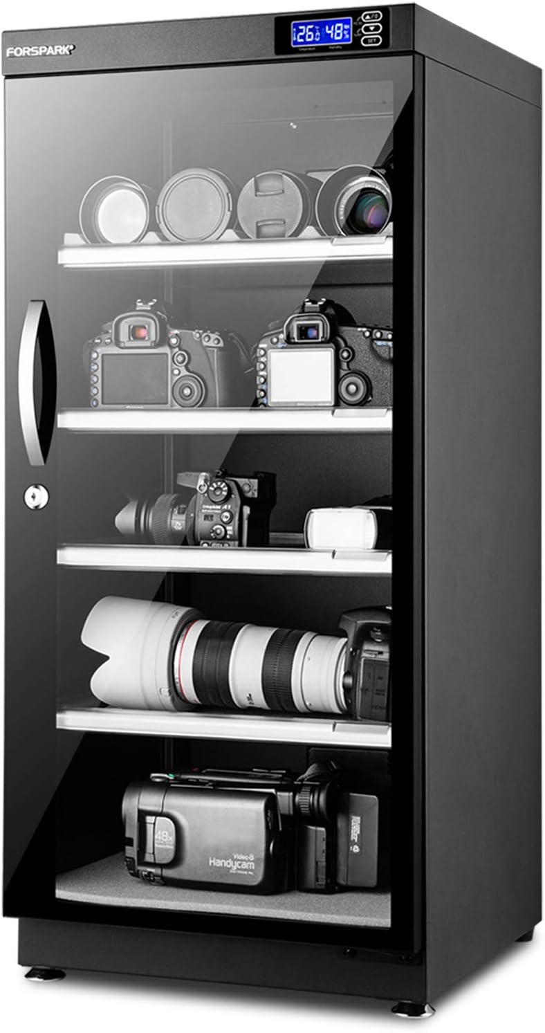 FORSPARK 125L Dual-Core Camera Dehumidifier Dry Cabinet, Quiet Humidity Control Storage with Lock & 4 Adjustable Shelves for DSLR, Lenses, Drones, Studios, Collectibles - 15W Energy Efficient, Black