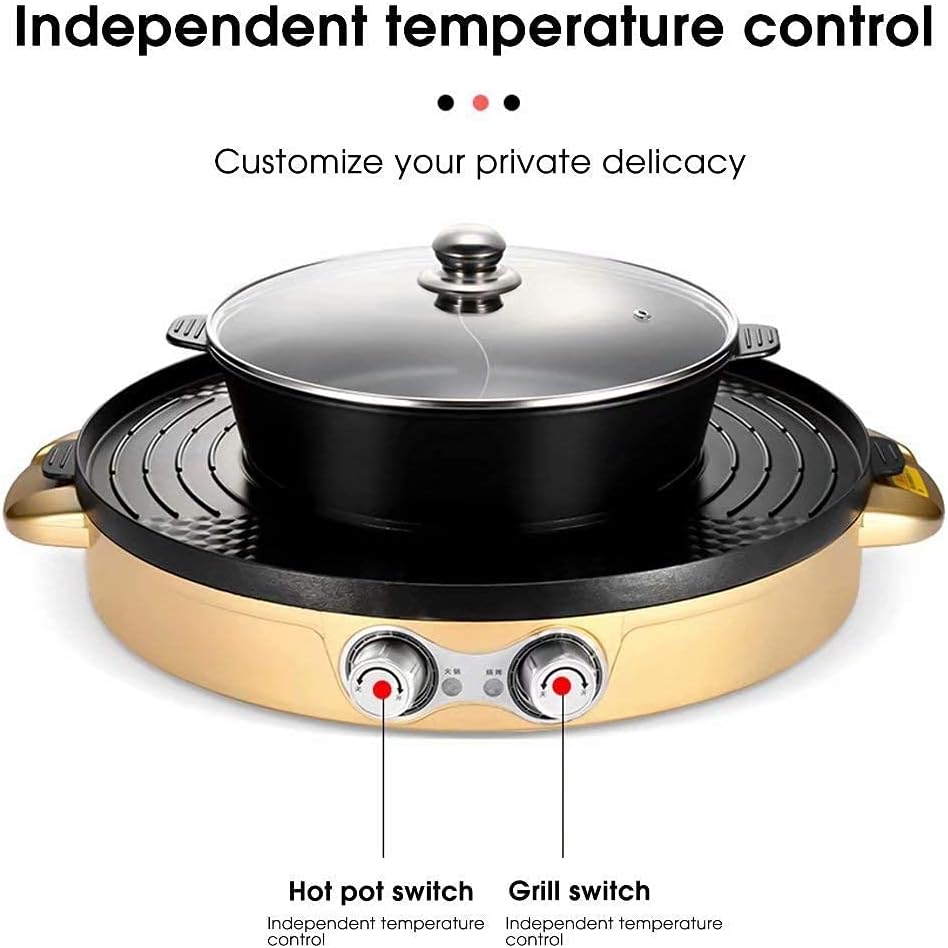 Portable Electric Grill,2-in-1 Electric Smokeless Grill Hotpot,Extra Large Surface Nonstick Pan,Adjustable Temperature Range 0°-1200°C,Indoor and Outdoor Use Useful (Gold B)