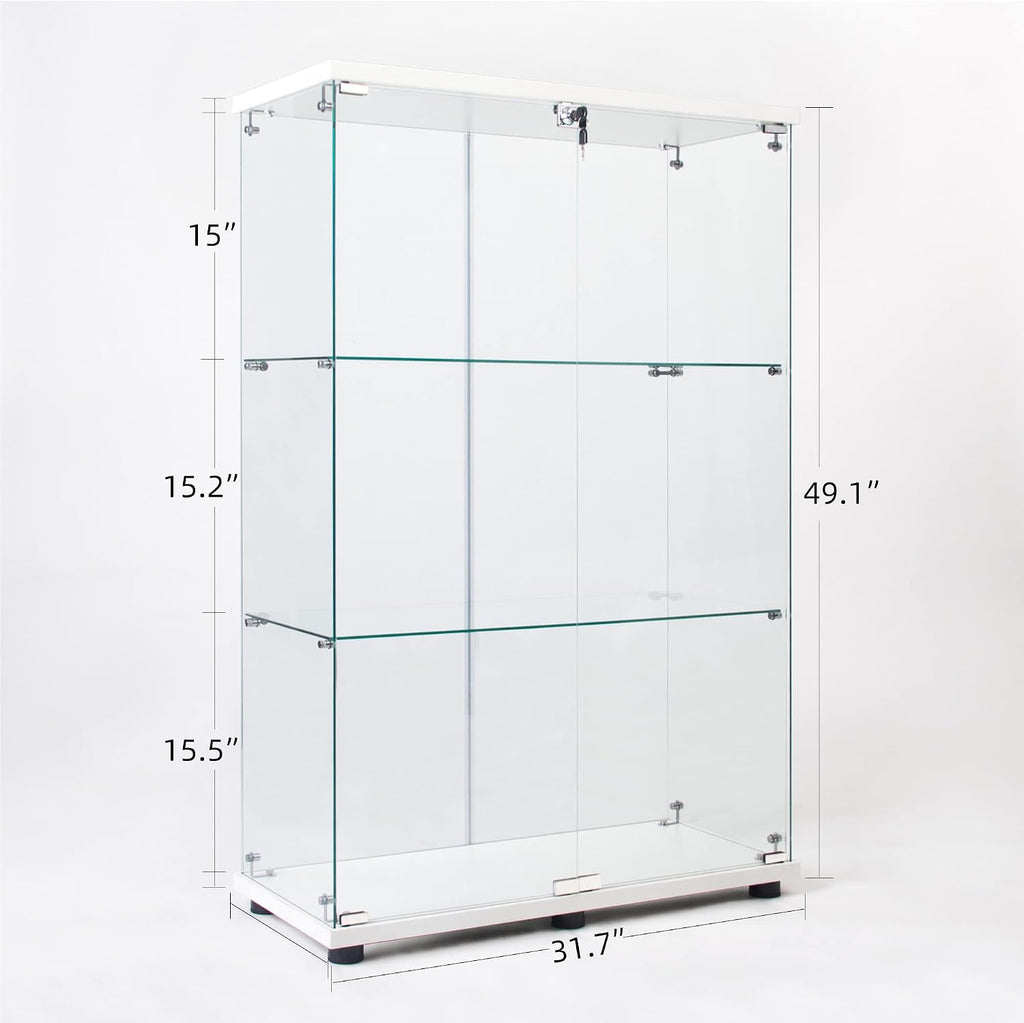 3-Tier Glass Display Cabinet,Curio Cabinet with Tempered Glass Door,Floor Standing Curio Bookshelf for Living Room Bedroom Office with Locks, Side by Side Doors (2 Doors,3 Shelves - White)