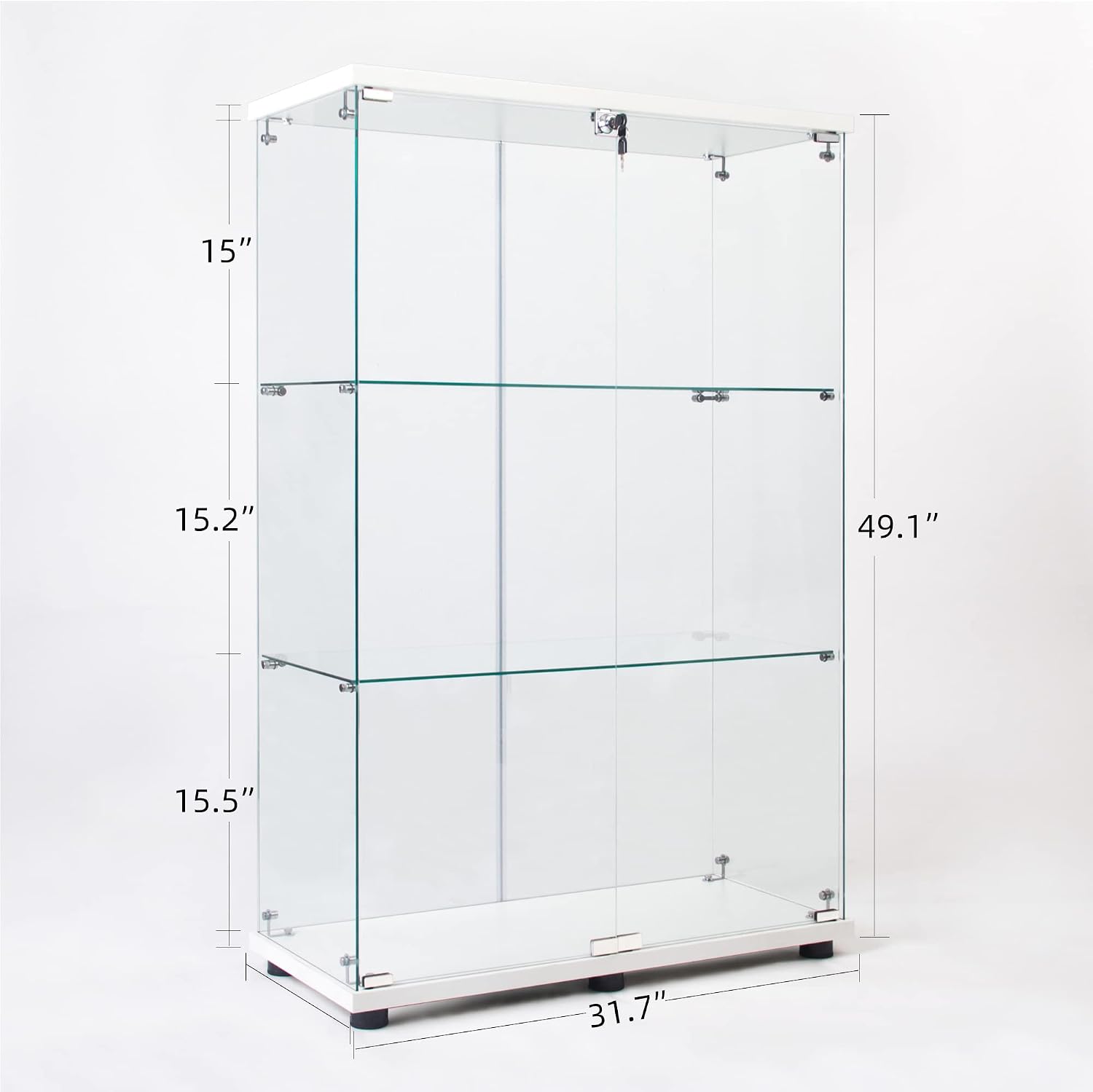 3-Tier Glass Display Cabinet,Curio Cabinet with Tempered Glass Door,Floor Standing Curio Bookshelf for Living Room Bedroom Office with Locks, Side by Side Doors (2 Doors,3 Shelves - White)