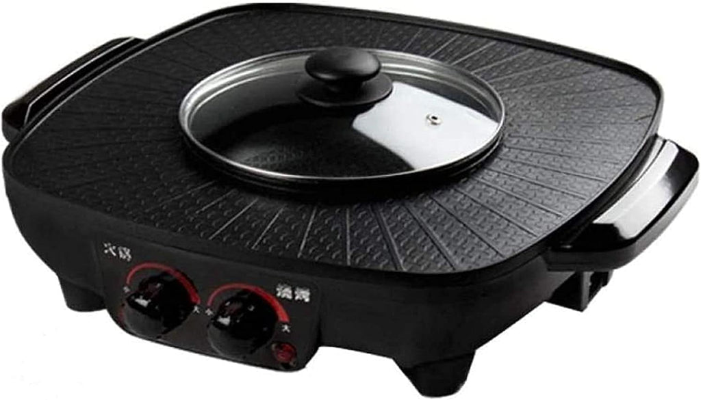 Electric BBQ Grill Indoor Electric Grill Square Black Dual Control Soup Roast Smoke Free Non-Stick Pan Electric Baking Pan Household Barbecue Dish Electric Hot Pot 1500W [Energy Class A],Port