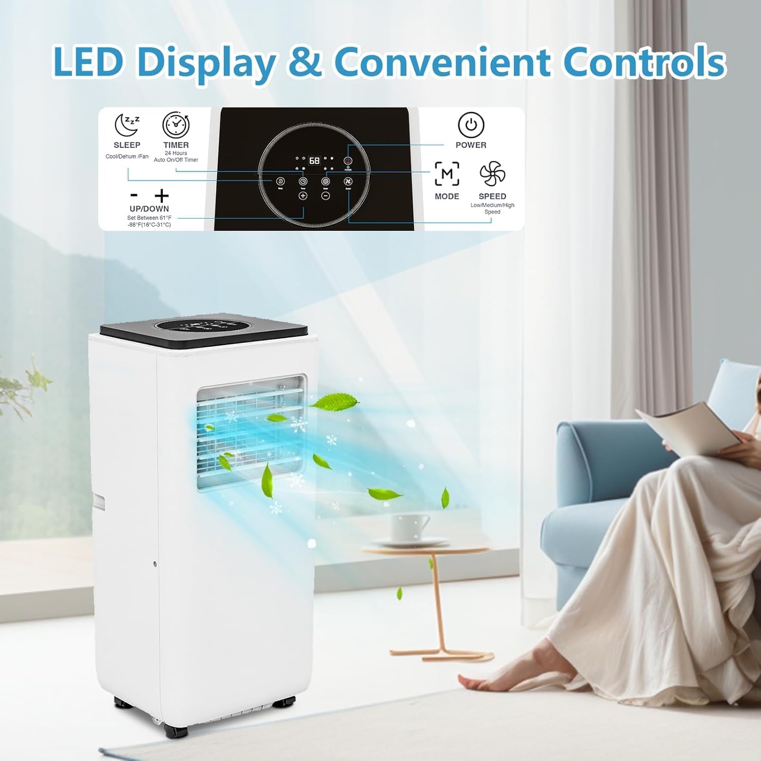 8000BTU Portable Air Conditioner, 3-in-1 Air Conditioner, Cooling Area up to 350 Sq. Ft. Room Air Conditioner with Remote Control/Cooling/Fan/Dehumidifier for Home, Office, Bedroom, White&Black