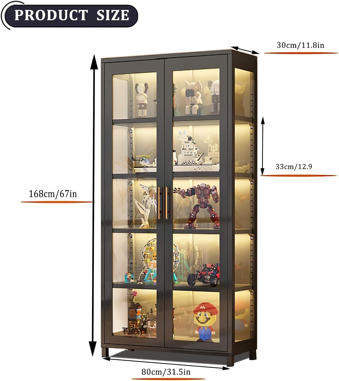 5 Tier Glass Display Case, Display Cabinet with Glass Door, 67'Transparent Curio Case, Organizers Rack & Display Shelf, Kids Bookcase for Bedroom, Office, Playroom, Living Room.