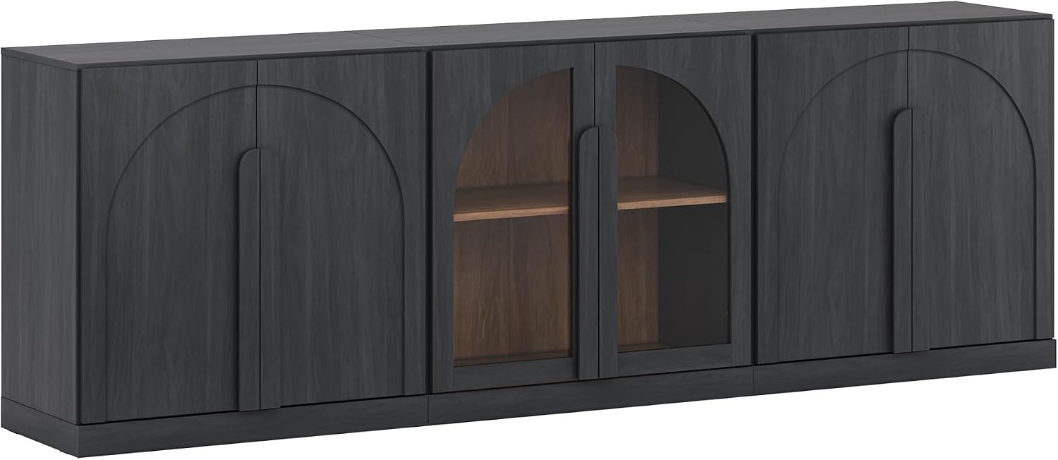 BELLEZE Modular 3-Piece Set Storage Cabinet, 2 Arched Wood Accent Cabinet and Display Glass Door Storage with Adjustable Shelf, Freely Configurable Sideboard for Living Room Kitchen, Ebony
