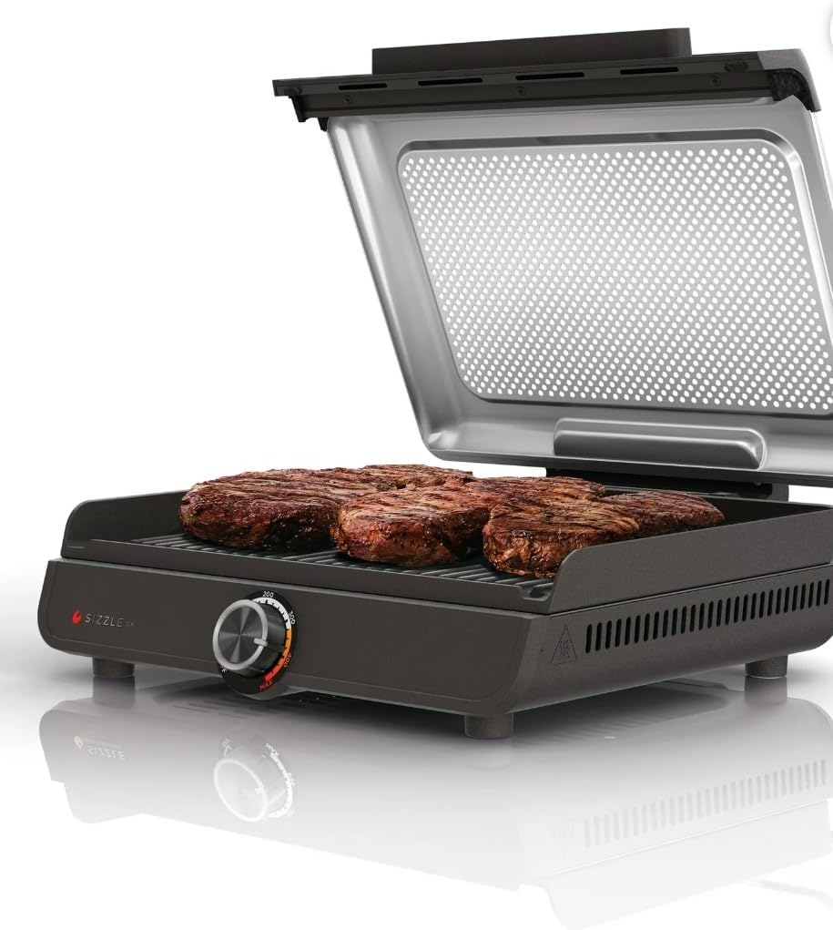 Niinjja Sizzle Indoor Grill, 500°F High Heat Kitchen Grill with Nonstick 14 Inch Plate, Low-Smoke Technology, Edge-to-Edge Heating, Family-Sized Capacity, Countertop Cooking Tool (GR100)