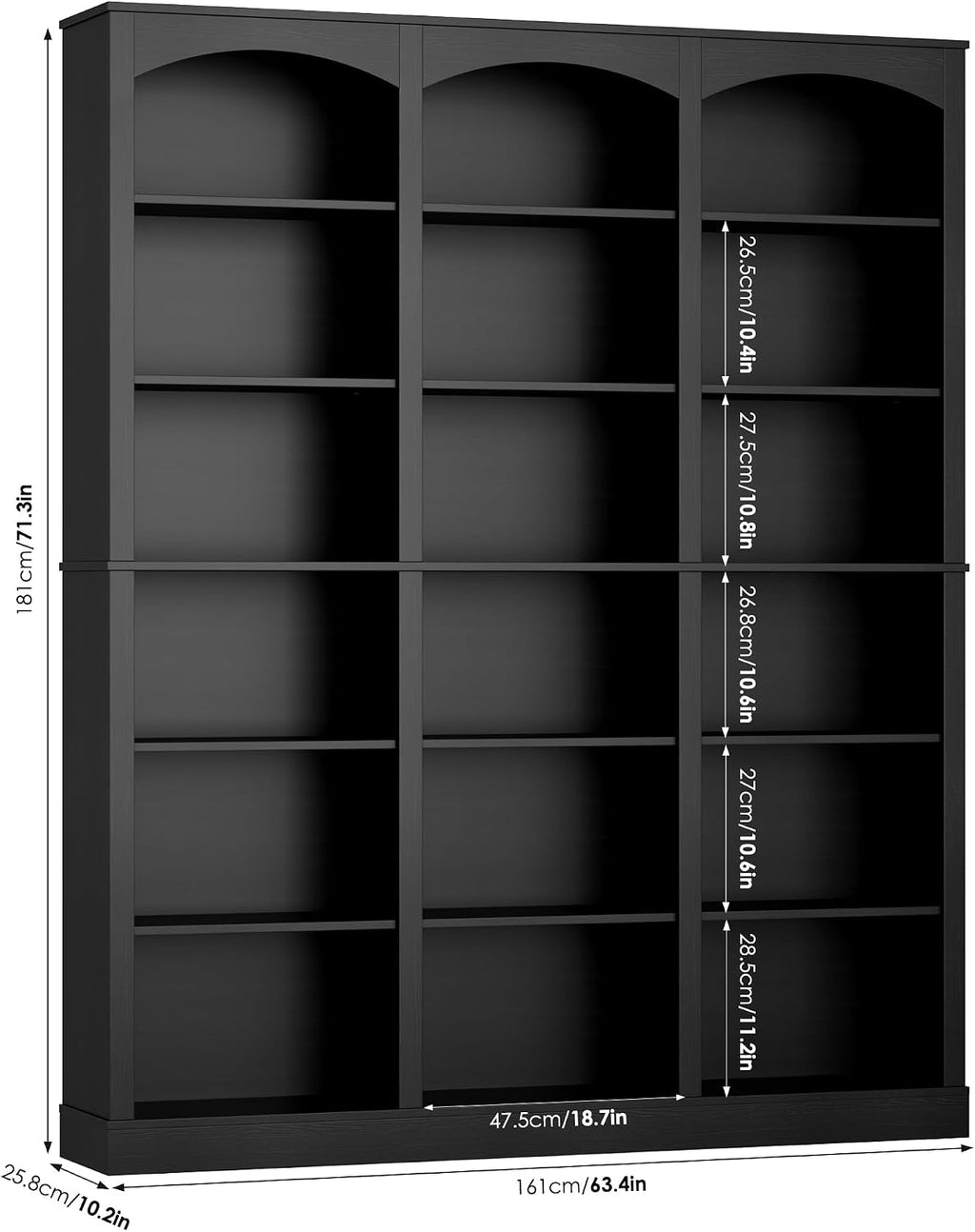 FACBOTALL 71' Triple Wide Bookshelf, 6 Tier Tall Bookshelf, Large Book Shelf with Curved Baffle, 63.4' Wide Bookcase with 18 Open Display Shelves for Living Room, Study, Black