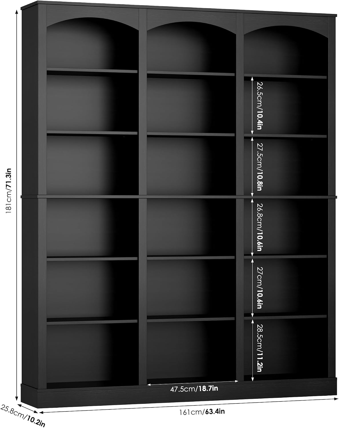 FACBOTALL 71' Triple Wide Bookshelf, 6 Tier Tall Bookshelf, Large Book Shelf with Curved Baffle, 63.4' Wide Bookcase with 18 Open Display Shelves for Living Room, Study, Black