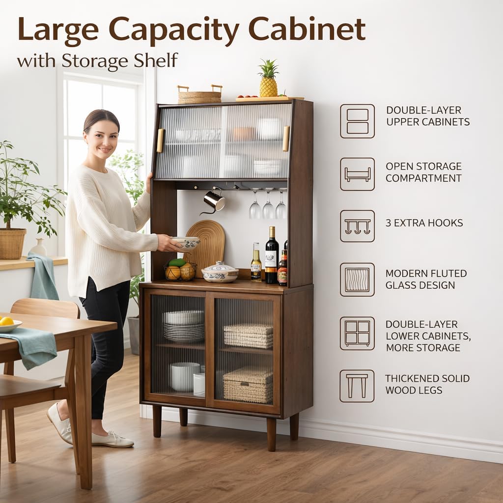 Welnown Kitchen Hutch Cabinet with Countertop, 31' Tall Pantry Storage Cabinet, Rattan Solid Wood Buffet Sideboard, Entryway Storage Table for Living Room, Dining Room, Hallway, Walnut