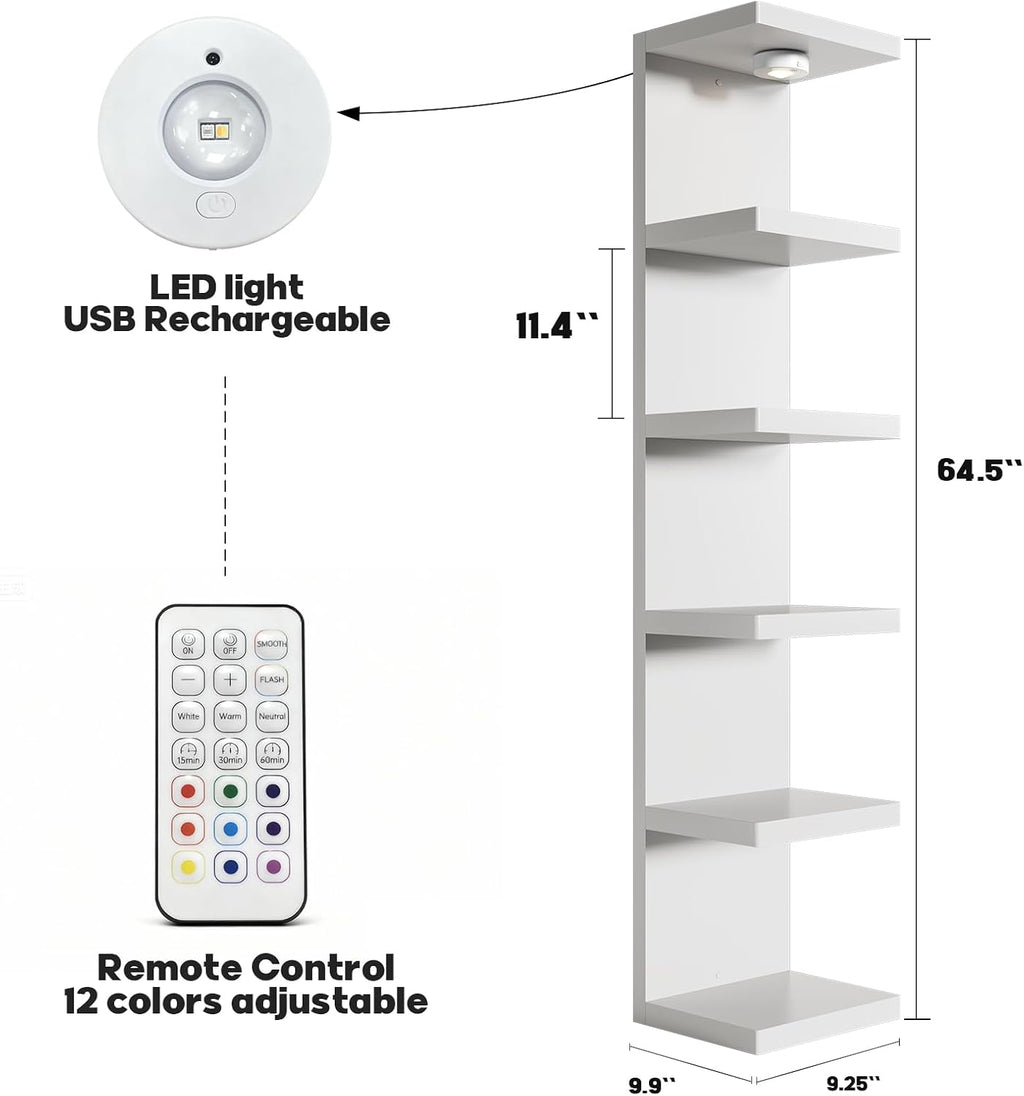 2 Pack 6-Tier Vertical Wall Shelf Unit with USB Rechargeable Led Light (Remote Controlled),Versatile Floating Display Shelves,Lack Style Wall Shelves for Bedroom,Living Room,Office Decor,Vanity-White