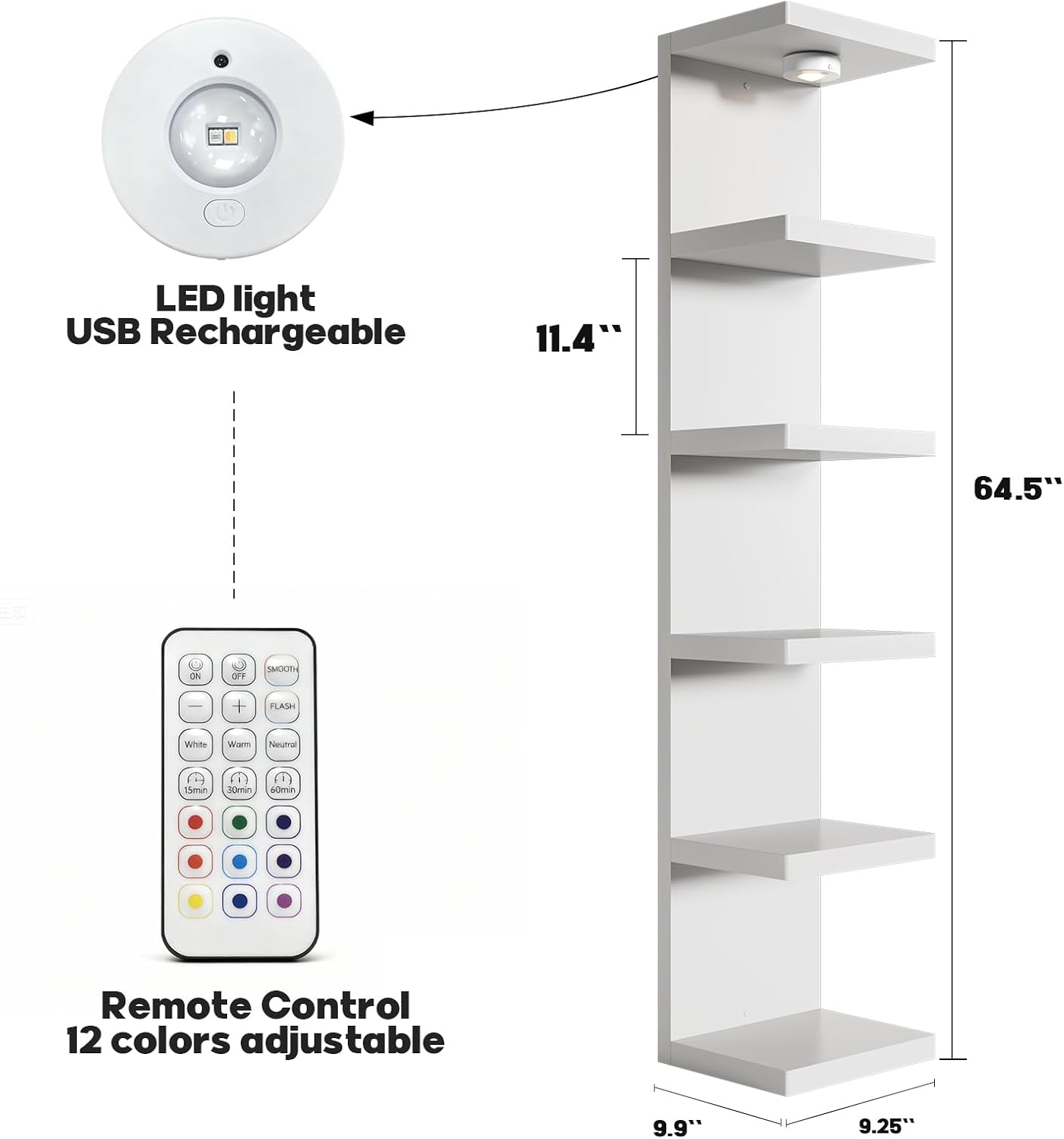 2 Pack 6-Tier Vertical Wall Shelf Unit with USB Rechargeable Led Light (Remote Controlled),Versatile Floating Display Shelves,Lack Style Wall Shelves for Bedroom,Living Room,Office Decor,Vanity-White