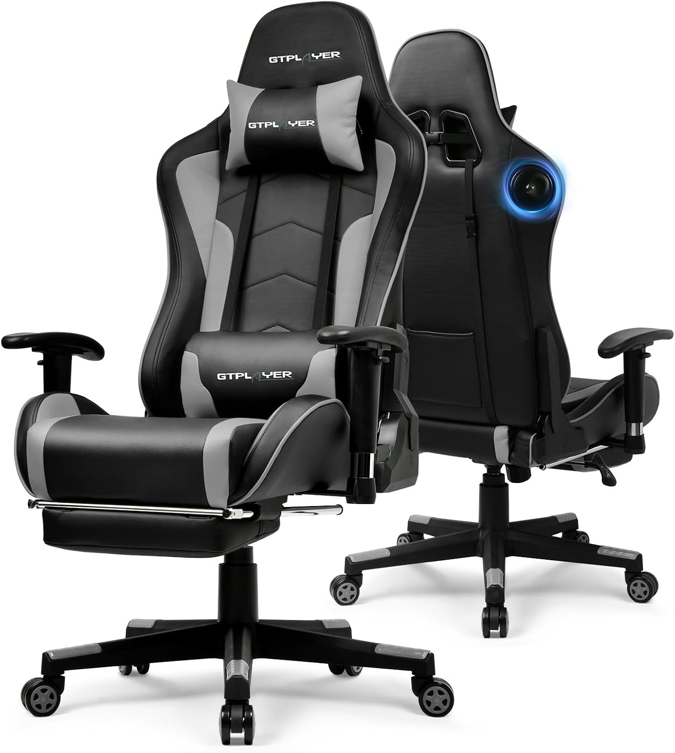 GTPLAYER Gaming Chair,Gamer Chair with Bluetooth and Adjustable Backrest,Seat Height Adjustable Computer Chairs with 3D Armrests,Video Game Chair with Footrest Speakers (Grey)