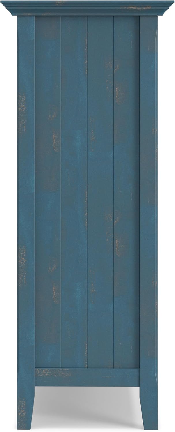 SIMPLIHOME Acadian Storage Cabinet - 39 inch Wide Solid Wood 6-Shelf Medium Storage Cabinet in Distressed Coastal Blue, Transitional Cabinet with Glass Doors for Living Room with Adjustable Shelves