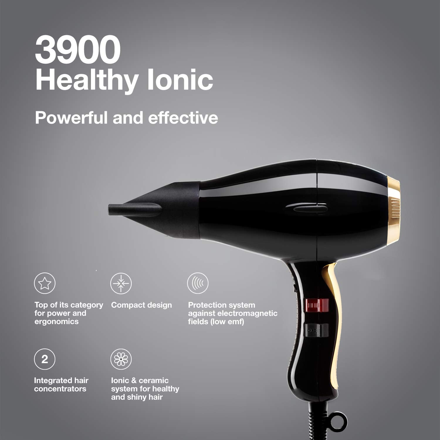 Elchim 3900 Healthy Ionic Ceramic Professional Hair Dryer with Powerful Airflow and Low EMF Technology - Black & Gold