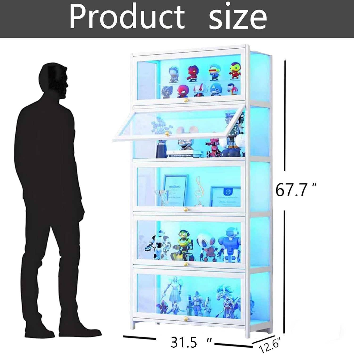 Display Cabinet with Acrylic Glass Doors, 5-Tier Curio Cabinet, Collectibles Toy Organizers Rack & Display Shelf, High Display Case for Home, Office, Playroom, Living Room