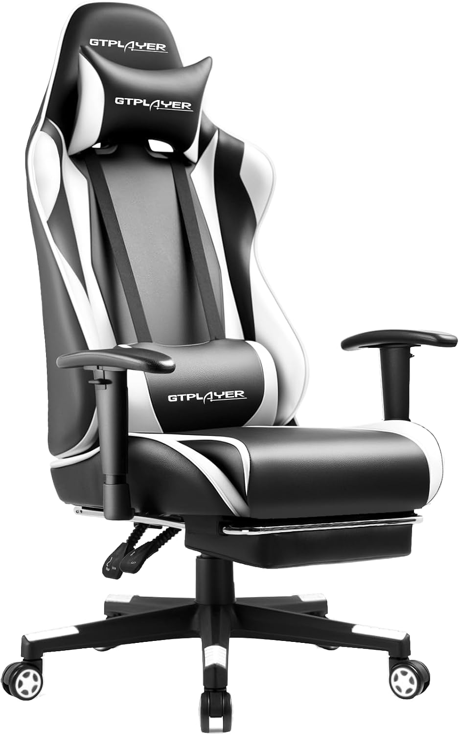GTPLAYER Gaming Chair with Footrest, Ergonomic Computer Game Desk Chair, Reclining Gamer Chair Seat Height Adjustment, Swivel Rocker with Headrest and Lumbar (White)