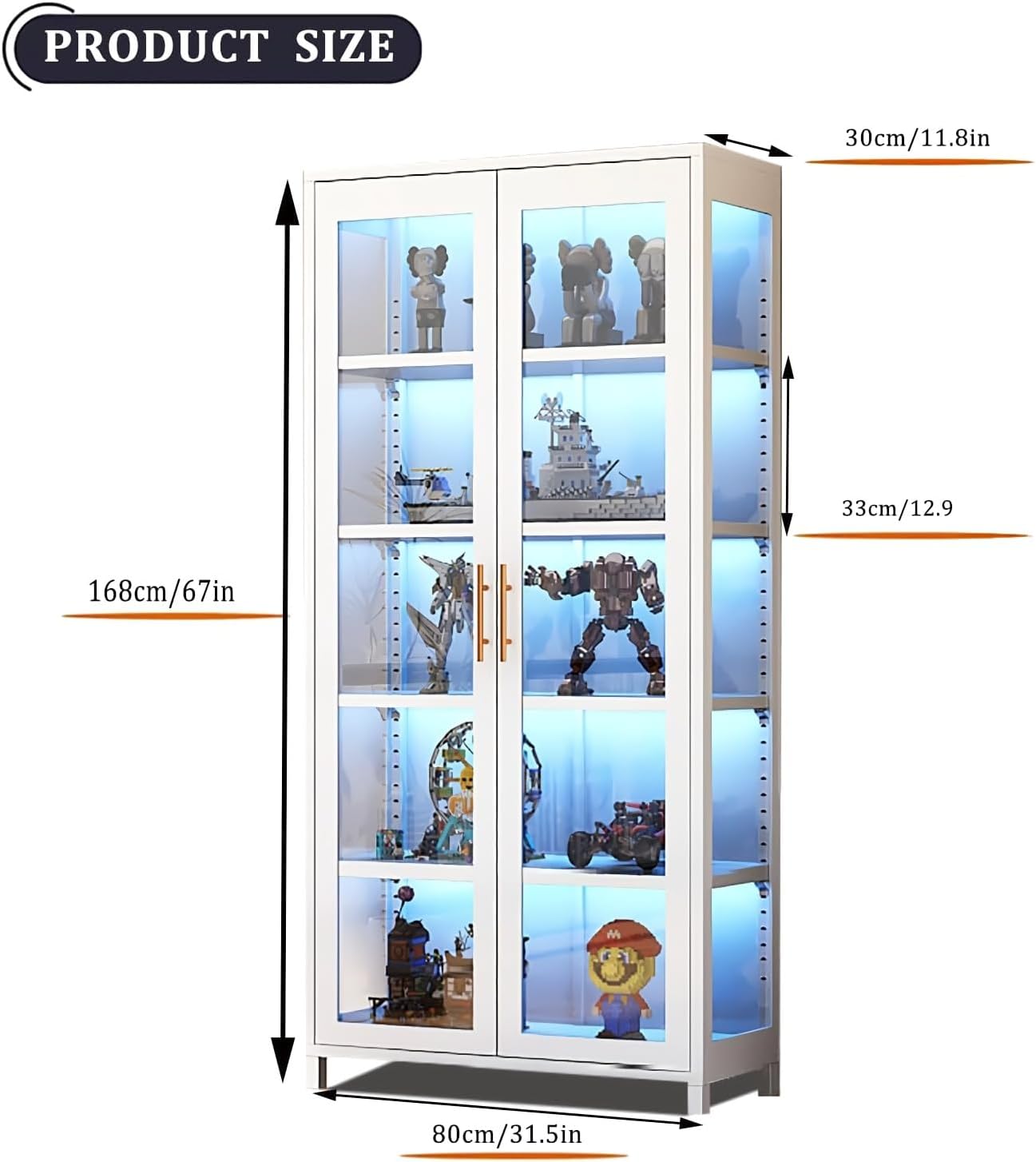 Glass Display Cabinet, 5-Tier Curio Cabinet with Glass Doors, Metal Display Case with Adjustable Shelves, Display Cabinet for Collectibles & Toy Organizer for Home, Office, Playroom, Living Room