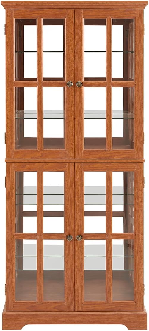 Lighted Glass Curio Cabinet with Lights & Adjustable Shelves,Curio Display Cabinet with Wood Frame & Glass Door,Corner Antique Display Case for Kitchen,Living Room,Office