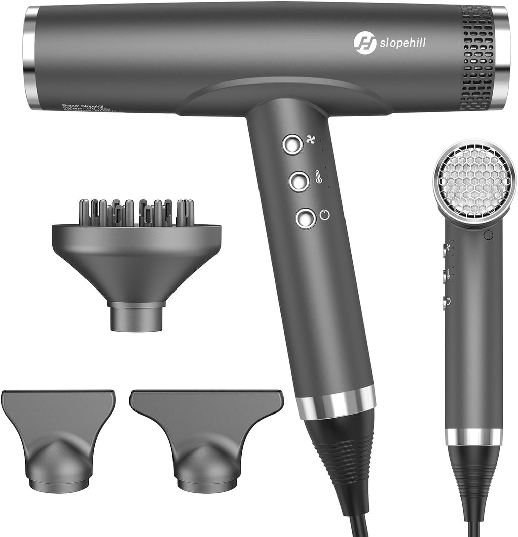 slopehill Professional Ionic Hair Dryer with Diffuser - Lightweight, Compact, Powerful & Fast Salon Blow Dryer with High Speed Brushless Motor for Travel, Women & Men (Ceramic, Dark)