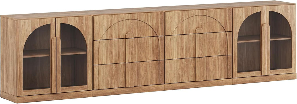 BELLEZE 4-Piece Modular Sideboard Buffet Cabinet Freely Configurable, Glass Door Storage with Adjustable Shelf and 3-Drawer Storage, Media Console Credenza for Living Room Kitchen, Camel